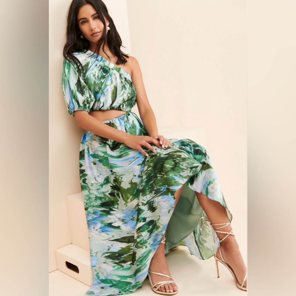 Monique Lhuillier Satin One Shoulder Cutout Midi Dress, Emerald Green, 4P